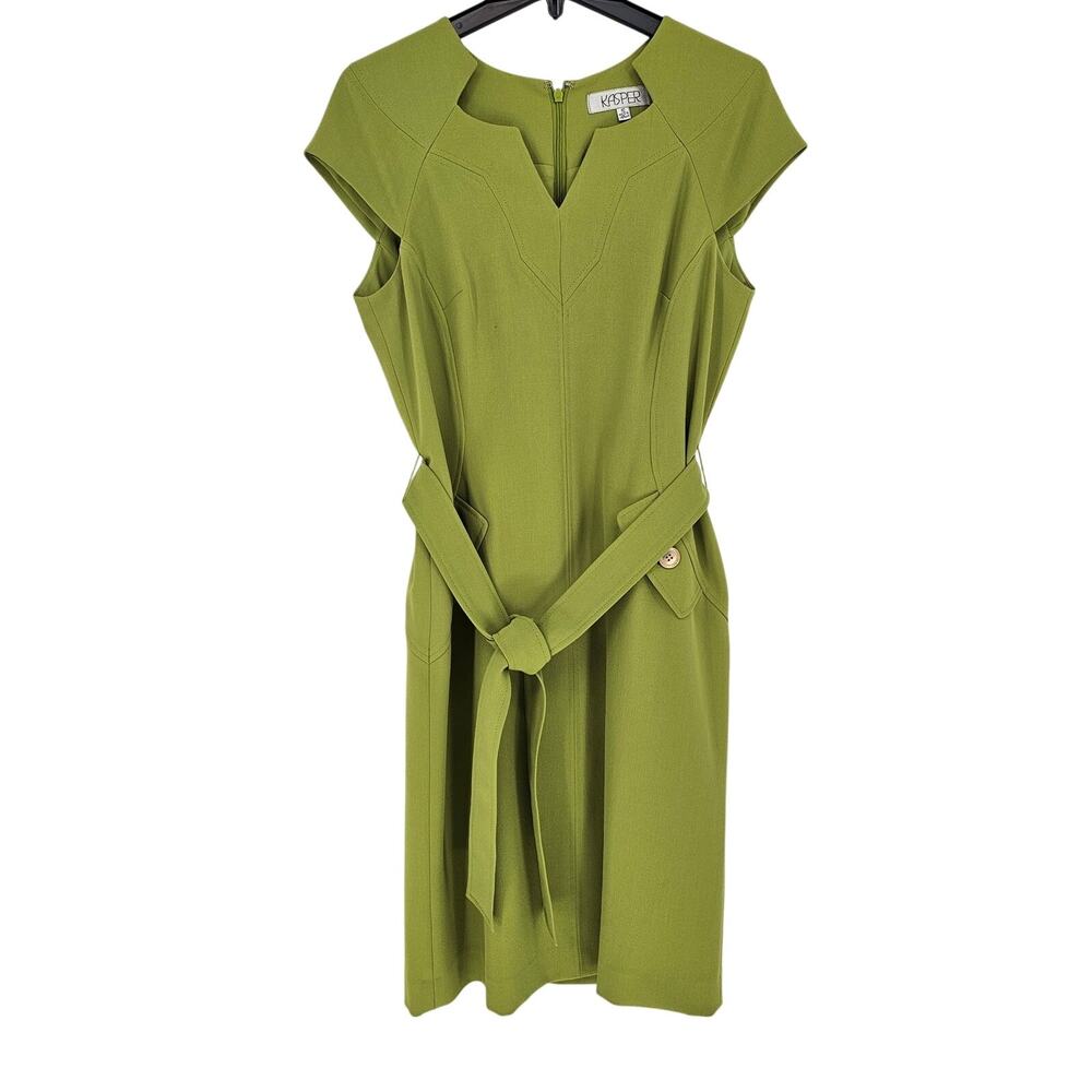 Kasper Spring Green Belted Cap Sleeve Knee Length V-Neck Office Sheath Dress 10